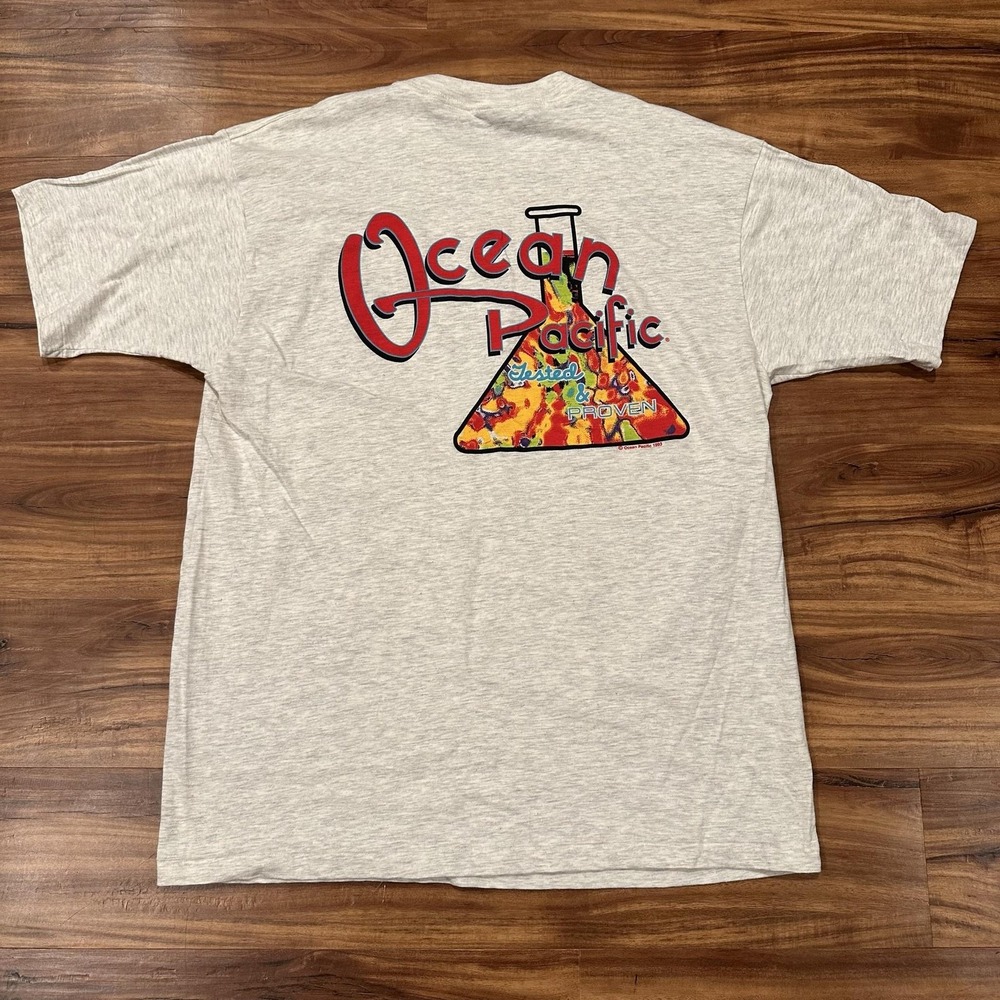 Vintage Ocean Pacific Shirt Mens XL Gray Tested Proven Beaker Graphic Tee 1993